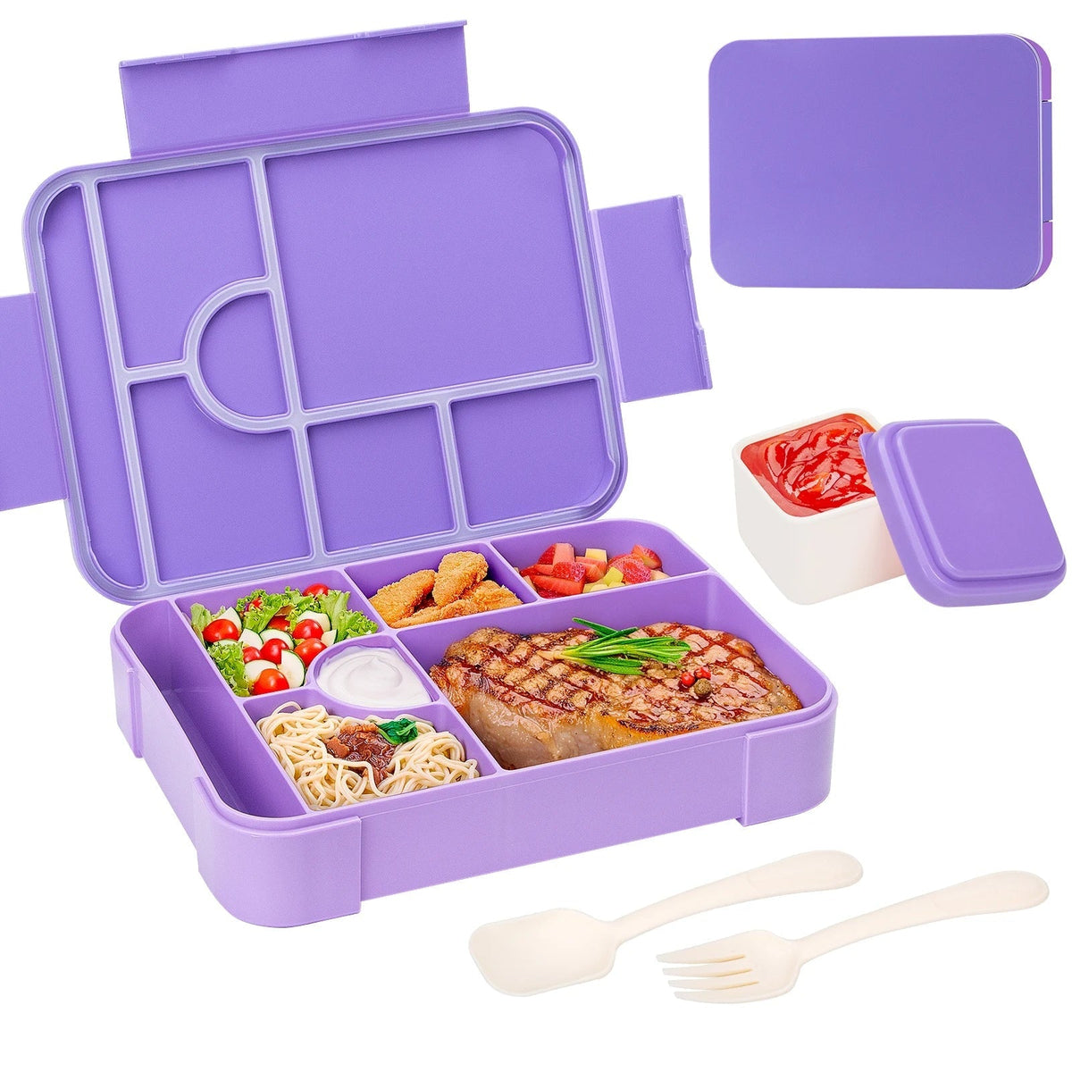 Leak-Proof Bento Lunch Box with 7 Compartments Cutlery and Sauce Container Microwave Safe