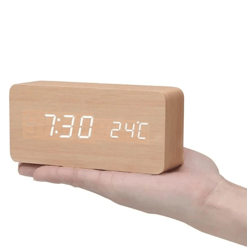 Digital Alarm Clock Wood LED Temperature Display Calendar Wooden