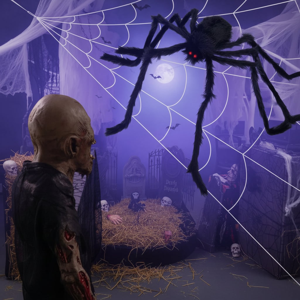 Halloween Giant Poseable Spider Decoration with Fuzzy Fur Red Eyes and Stretchy Web for Yard Party