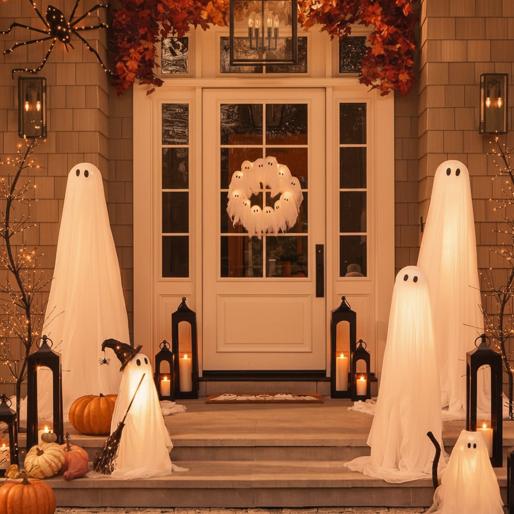 Halloween Wreath Door Decoration with LED Ghost Lights and Gauze Fabric for Front Party Decor