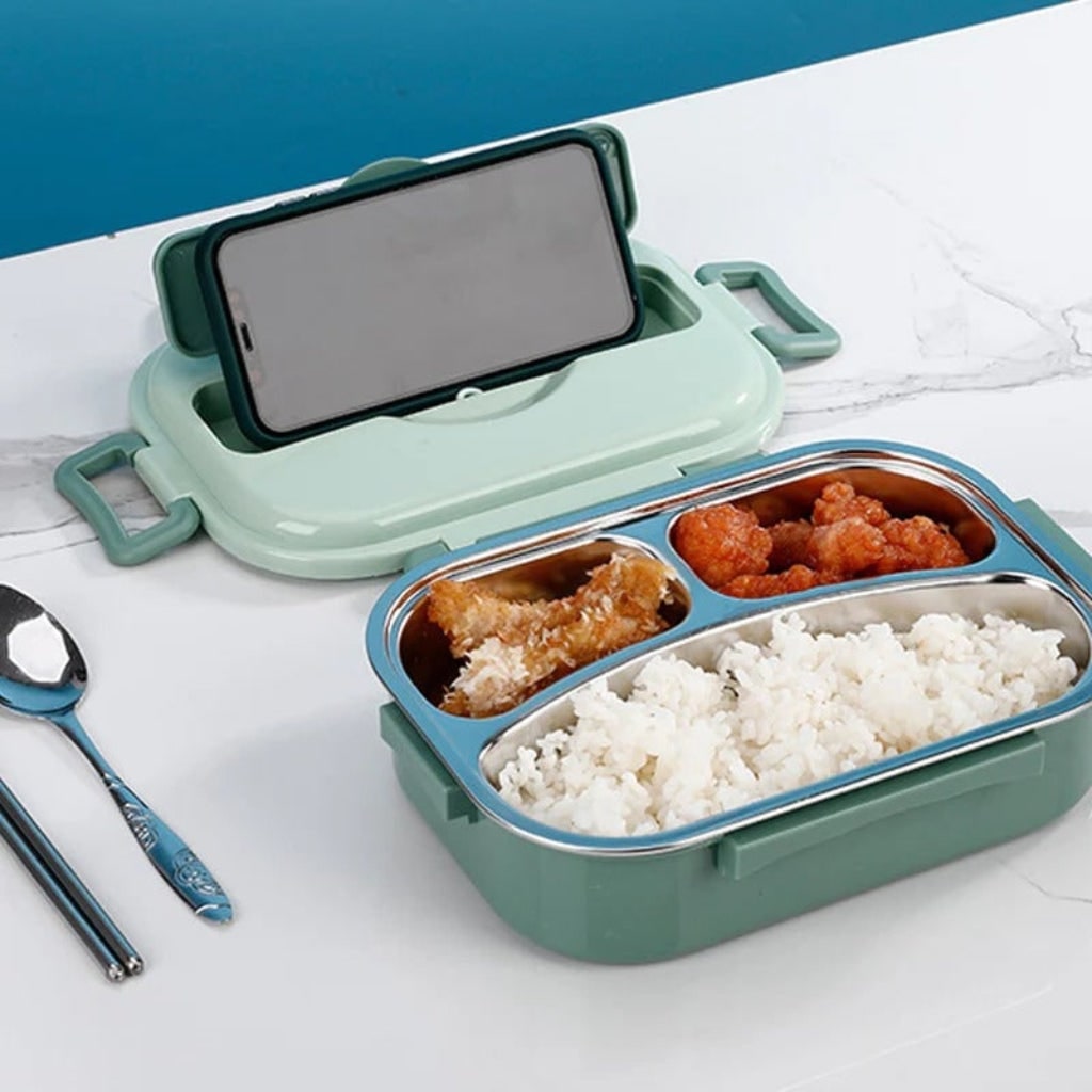 Insulated Stainless Steel Bento Lunch Box with Divided Compartments and Lidded Bowl
