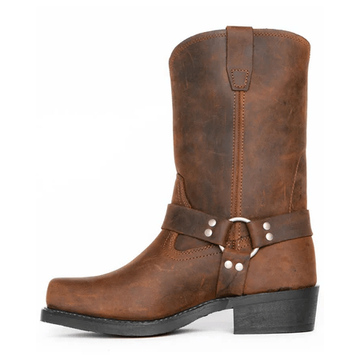 Mens Motorcycle Harness Boots Square Toe Leather Studs Pull