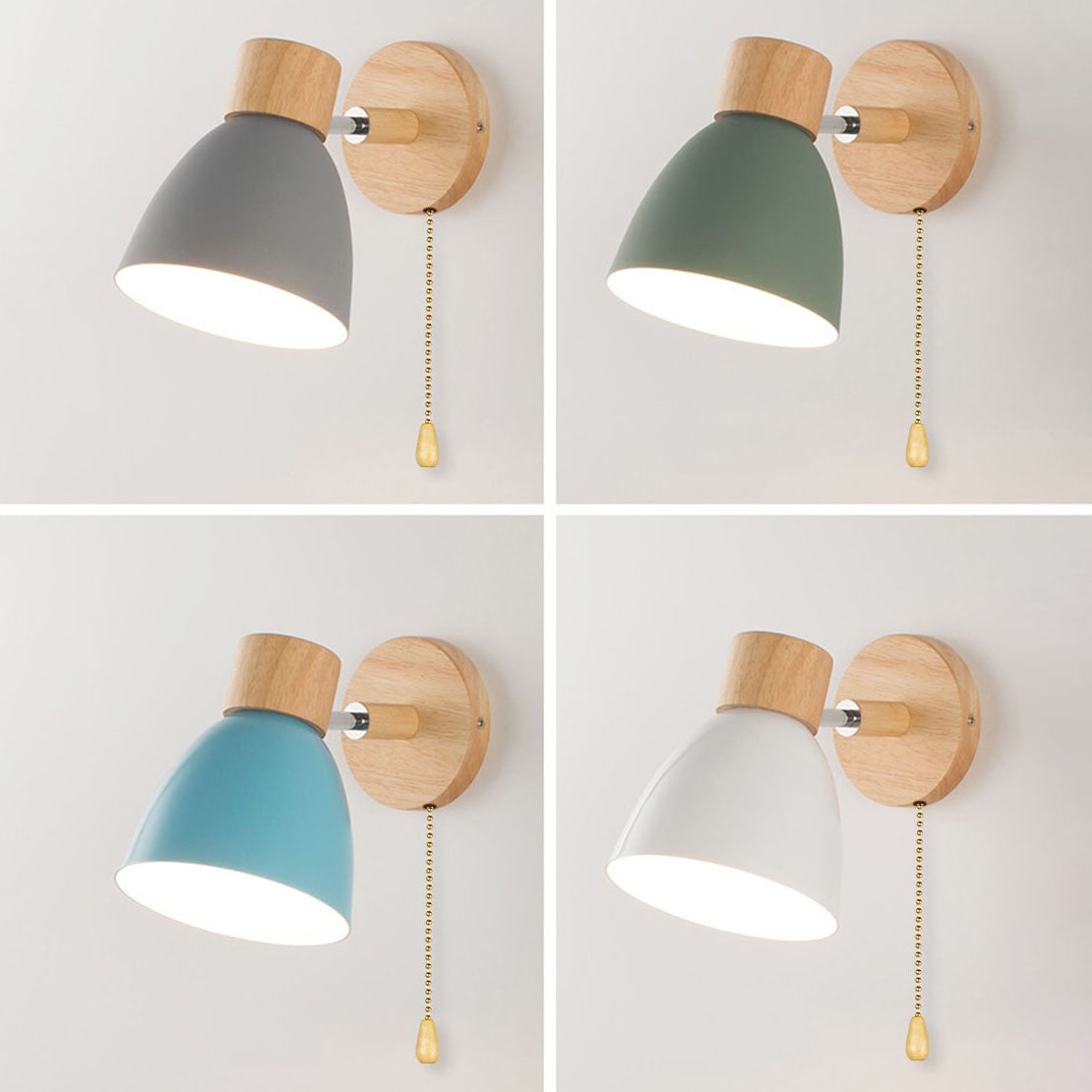Modern Wall Sconce with Adjustable Arm Pull Chain Switch and Wooden Dome Shade Bedside