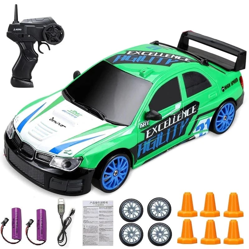Rc Drift Car Remote Control with LED Headlights Spare Wheels and Traffic Cones