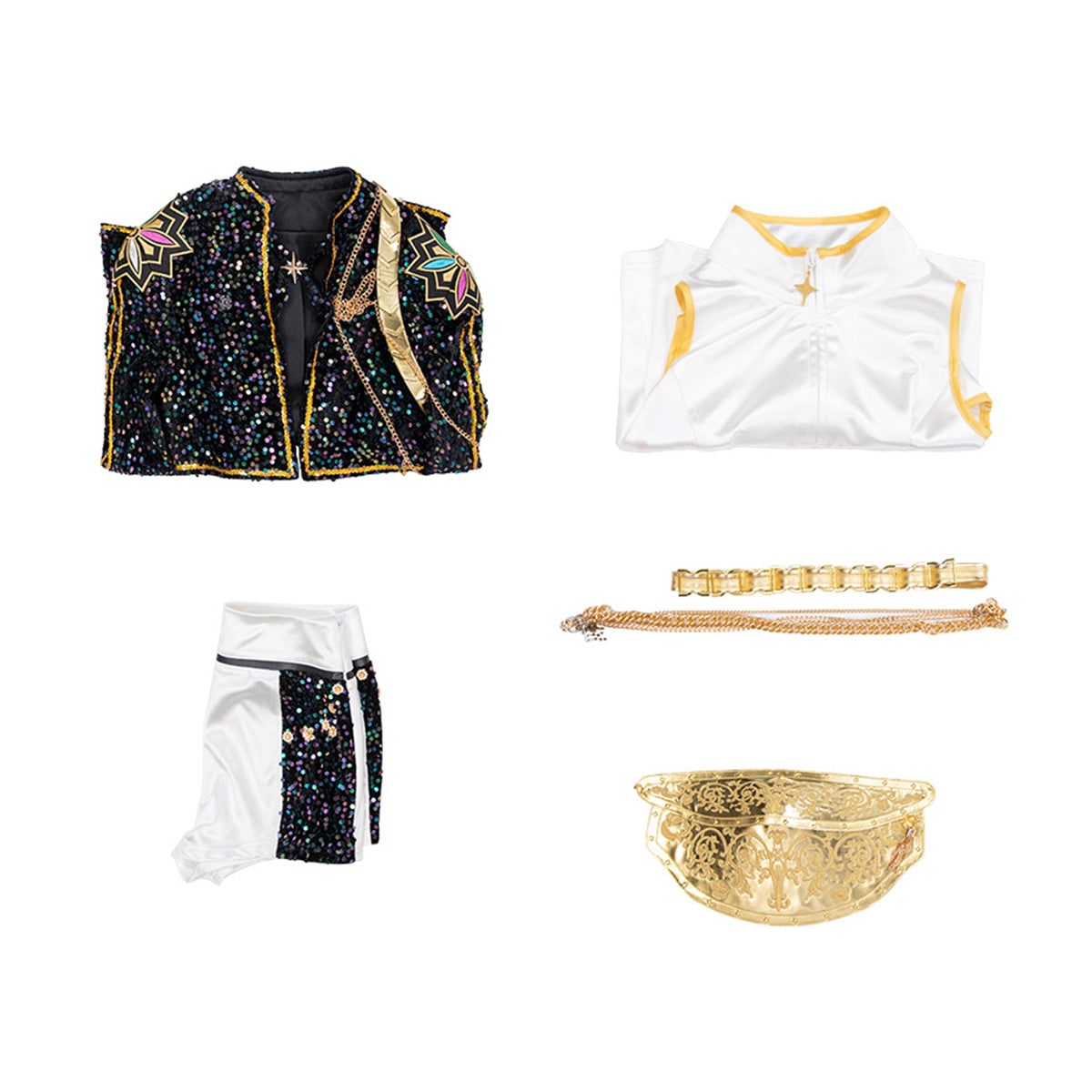 Women's Sequin Belly Dancer Dance Costume with Glittering Crop Jacket Shorts and Gold Chain Belt