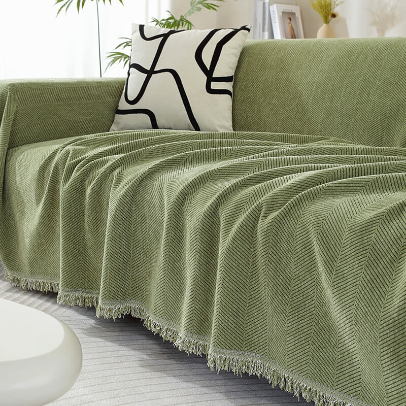 Herringbone Sofa Cover with Tassels Decorative Furniture Protector