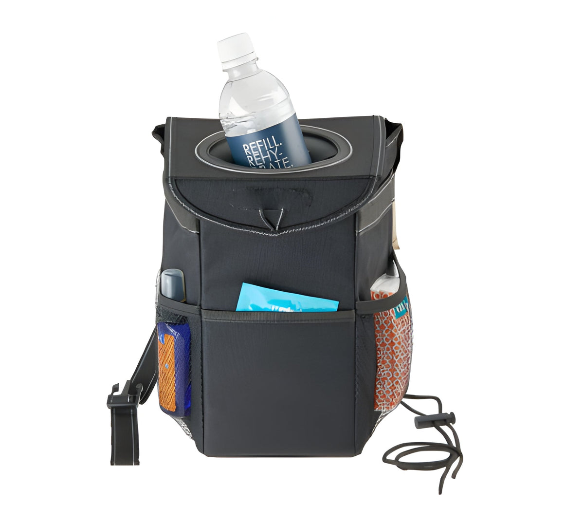 Compact Car Trash Can with Adjustable Strap and Covered Lid