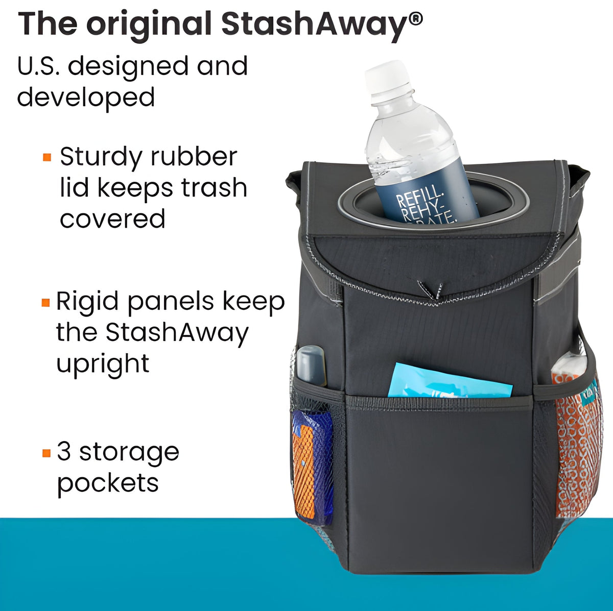 Compact Car Trash Can with Adjustable Strap and Covered Lid