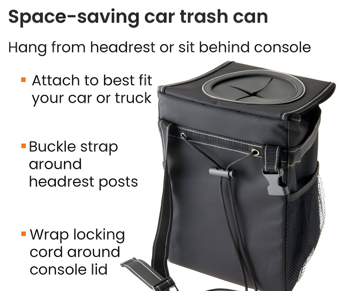 Compact Car Trash Can with Adjustable Strap and Covered Lid