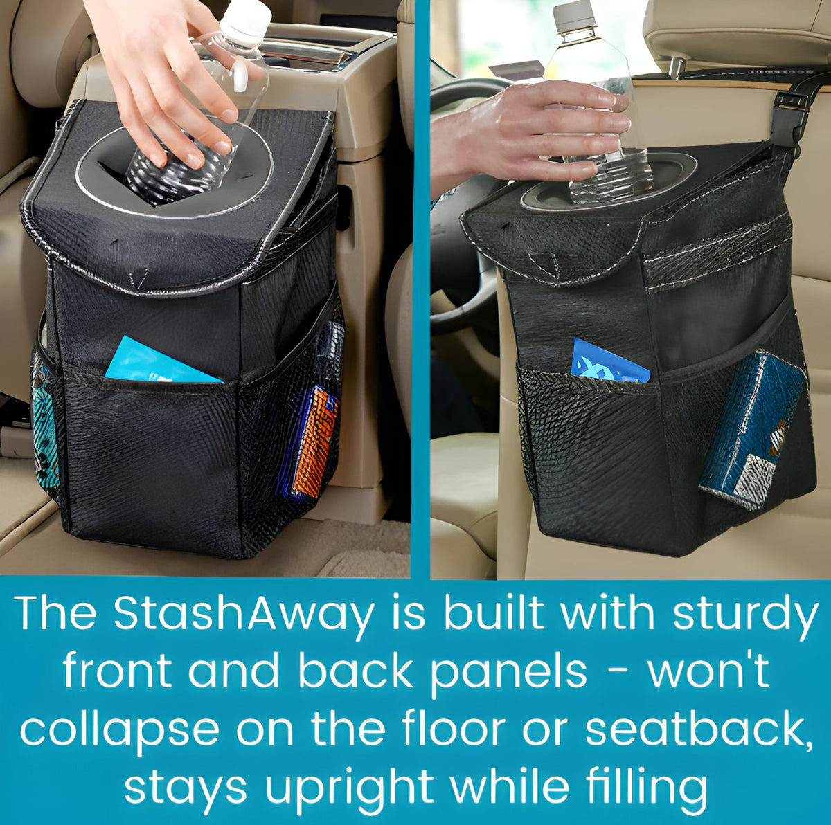 Compact Car Trash Can with Adjustable Strap and Covered Lid