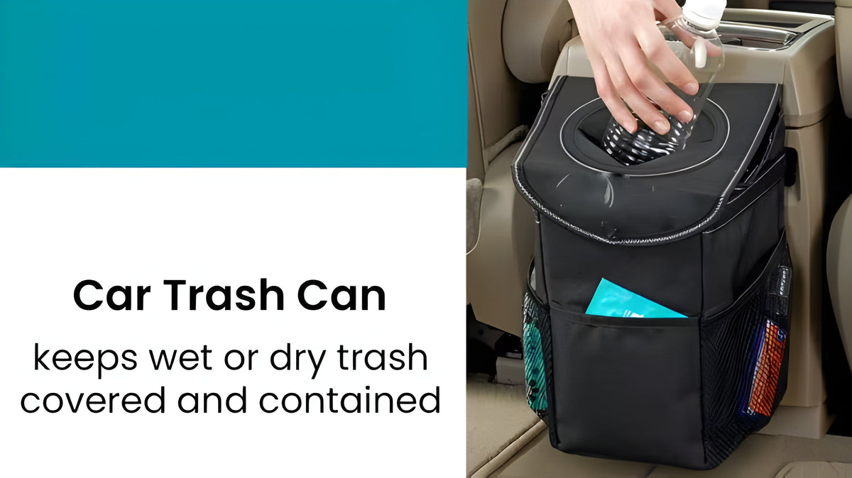 Compact Car Trash Can with Adjustable Strap and Covered Lid