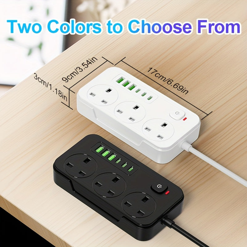 Power Strip with 3 AC Outlets, 6 USB Ports & 2M Extension Cable – 13A
