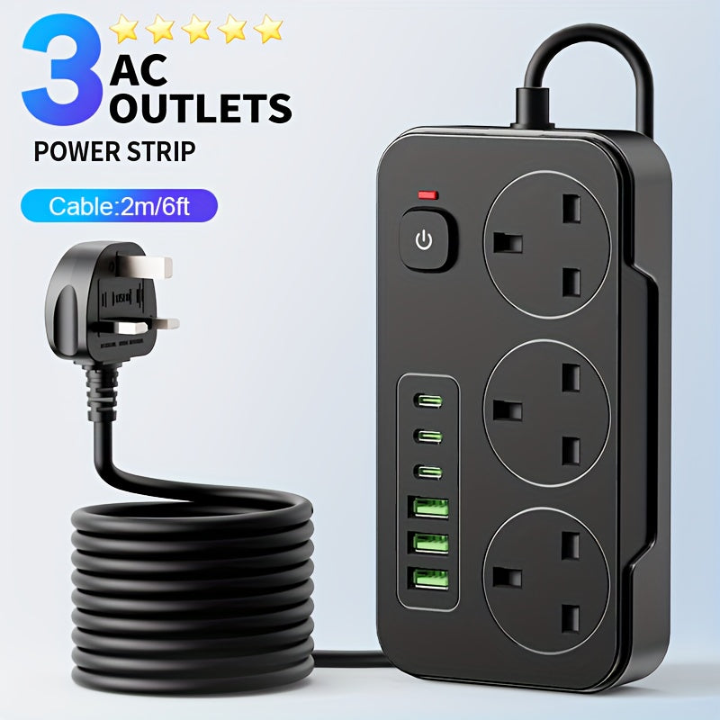 Power Strip with 3 AC Outlets, 6 USB Ports & 2M Extension Cable – 13A