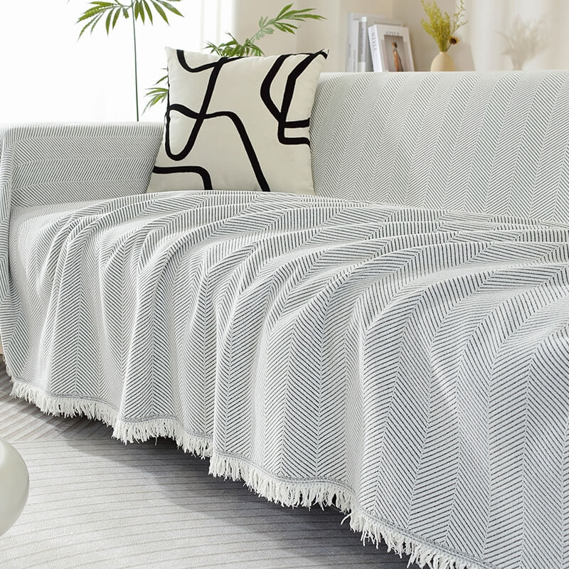 Herringbone Sofa Cover with Tassels Decorative Furniture Protector