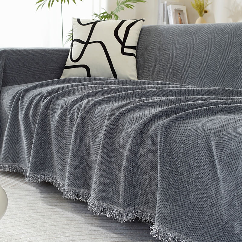 Herringbone Sofa Cover with Tassels Decorative Furniture Protector