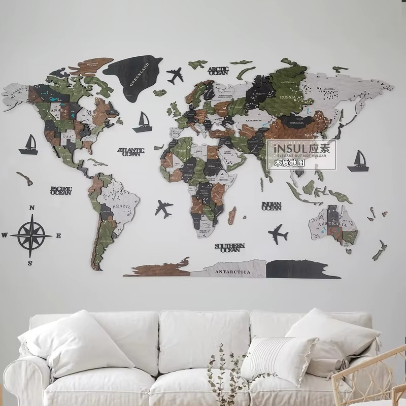 3D Wooden World Map Wall Art with Continents Compass Rose and Sailboats