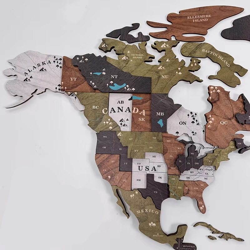 3D Wooden World Map Wall Art with Continents Compass Rose and Sailboats