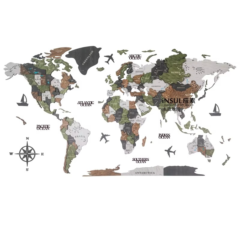 3D Wooden World Map Wall Art with Continents Compass Rose and Sailboats