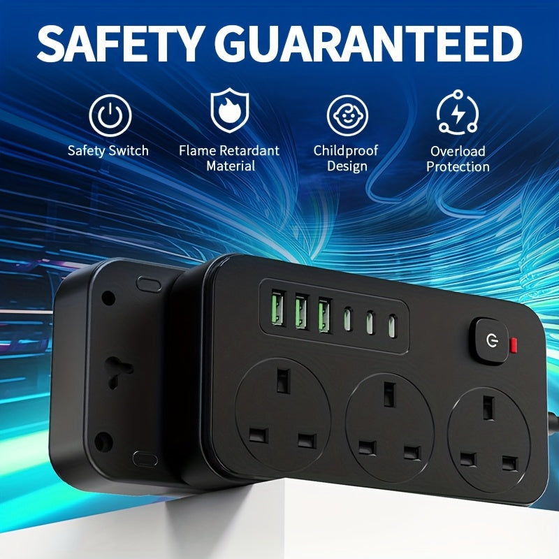Power Strip with 3 AC Outlets, 6 USB Ports & 2M Extension Cable – 13A
