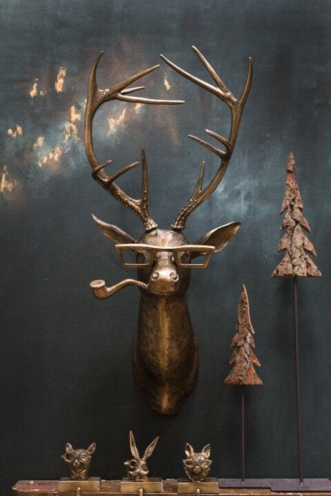 Decorative Deer Head Sculpture Rustic Textured Antler Wall Piece