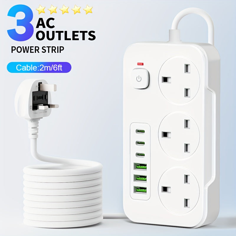 Power Strip with 3 AC Outlets, 6 USB Ports & 2M Extension Cable – 13A