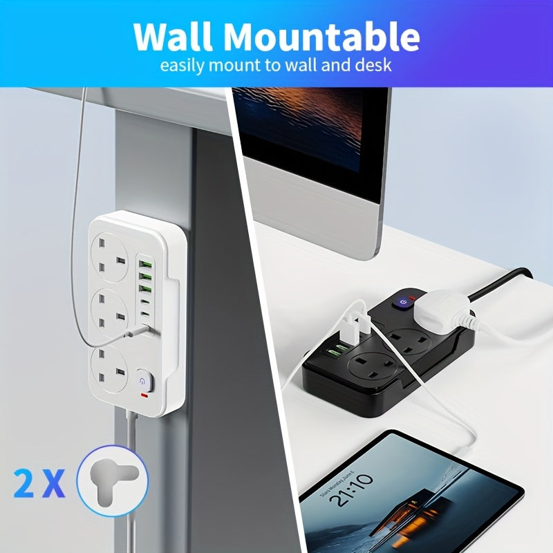 Power Strip with 3 AC Outlets, 6 USB Ports & 2M Extension Cable – 13A
