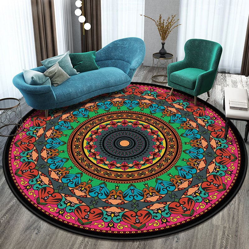 8 Foot Round Area Rug with Geometric Mandala Pattern