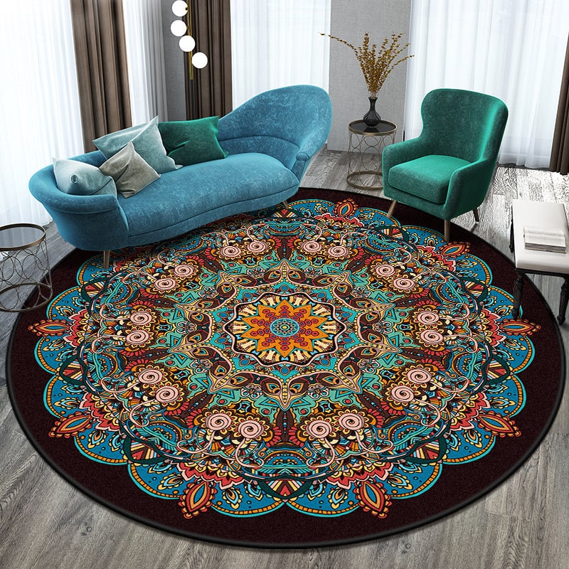 8 Foot Round Area Rug with Geometric Mandala Pattern