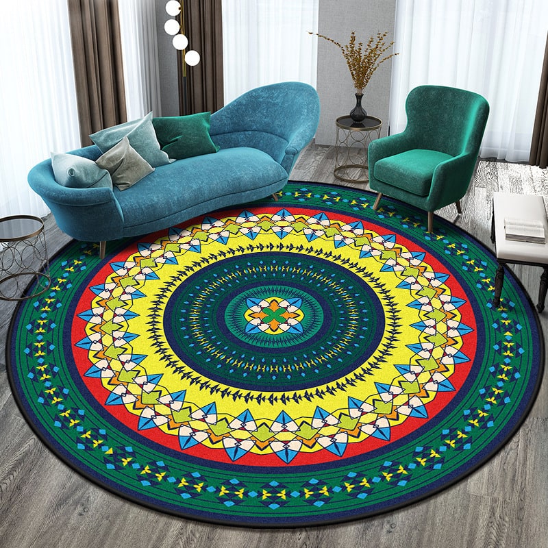 8 Foot Round Area Rug with Geometric Mandala Pattern