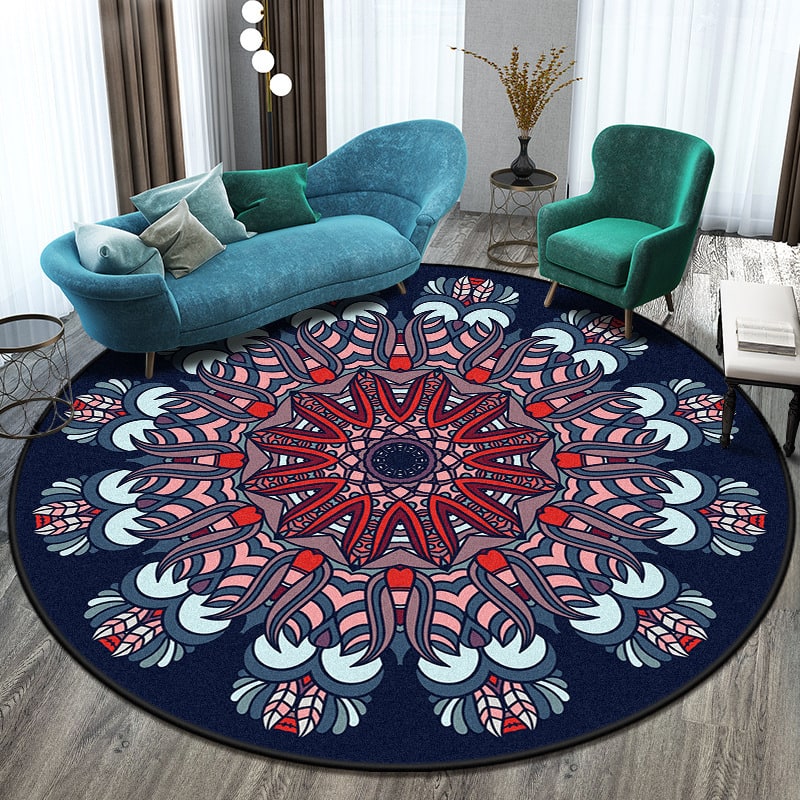 8 Foot Round Area Rug with Geometric Mandala Pattern
