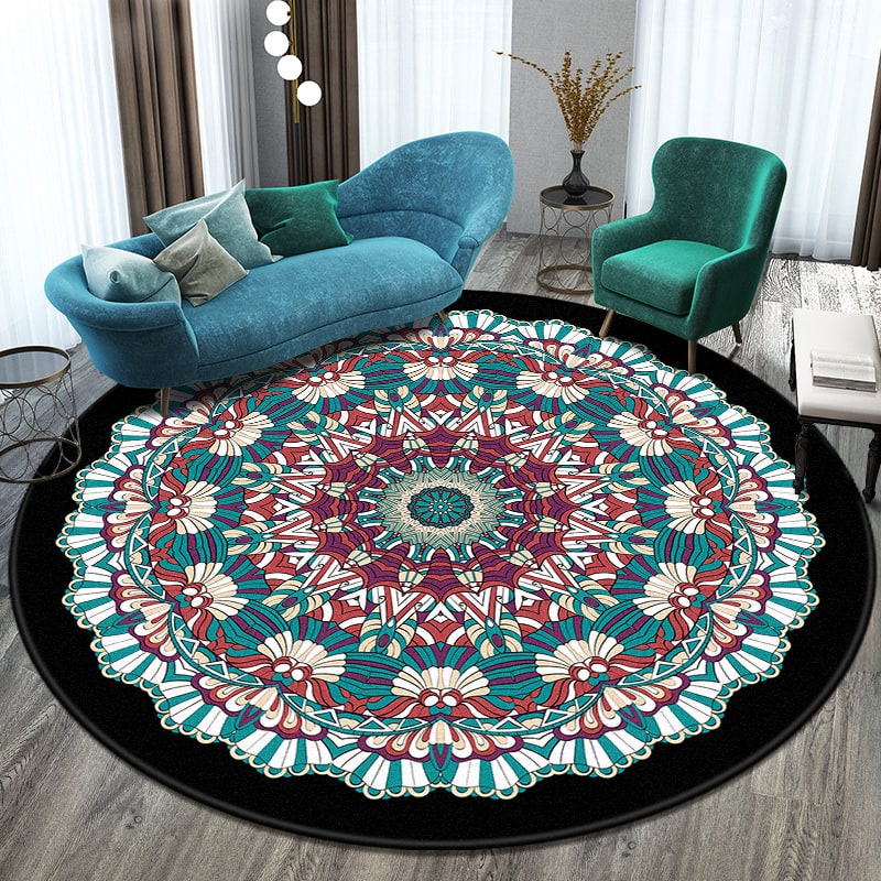 8 Foot Round Area Rug with Geometric Mandala Pattern