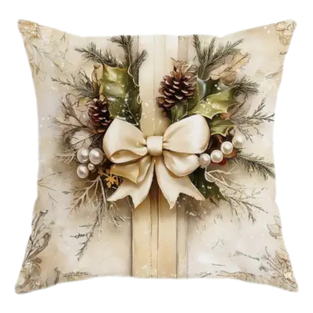 Vintage Holiday Cushion Cover Elegant Tree & Bow Pattern