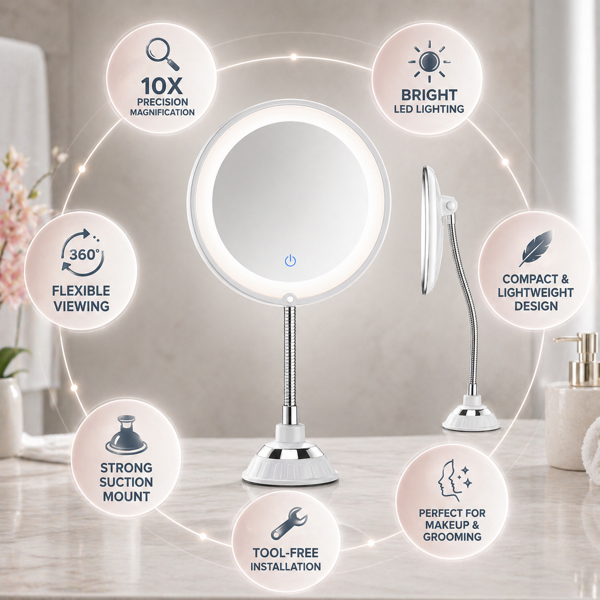 Adjustable LED Magnifying Mirror with Suction Mount