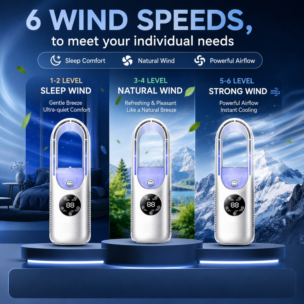 Portable Bladeless Desk Tower Fan with Adjustable Airflow