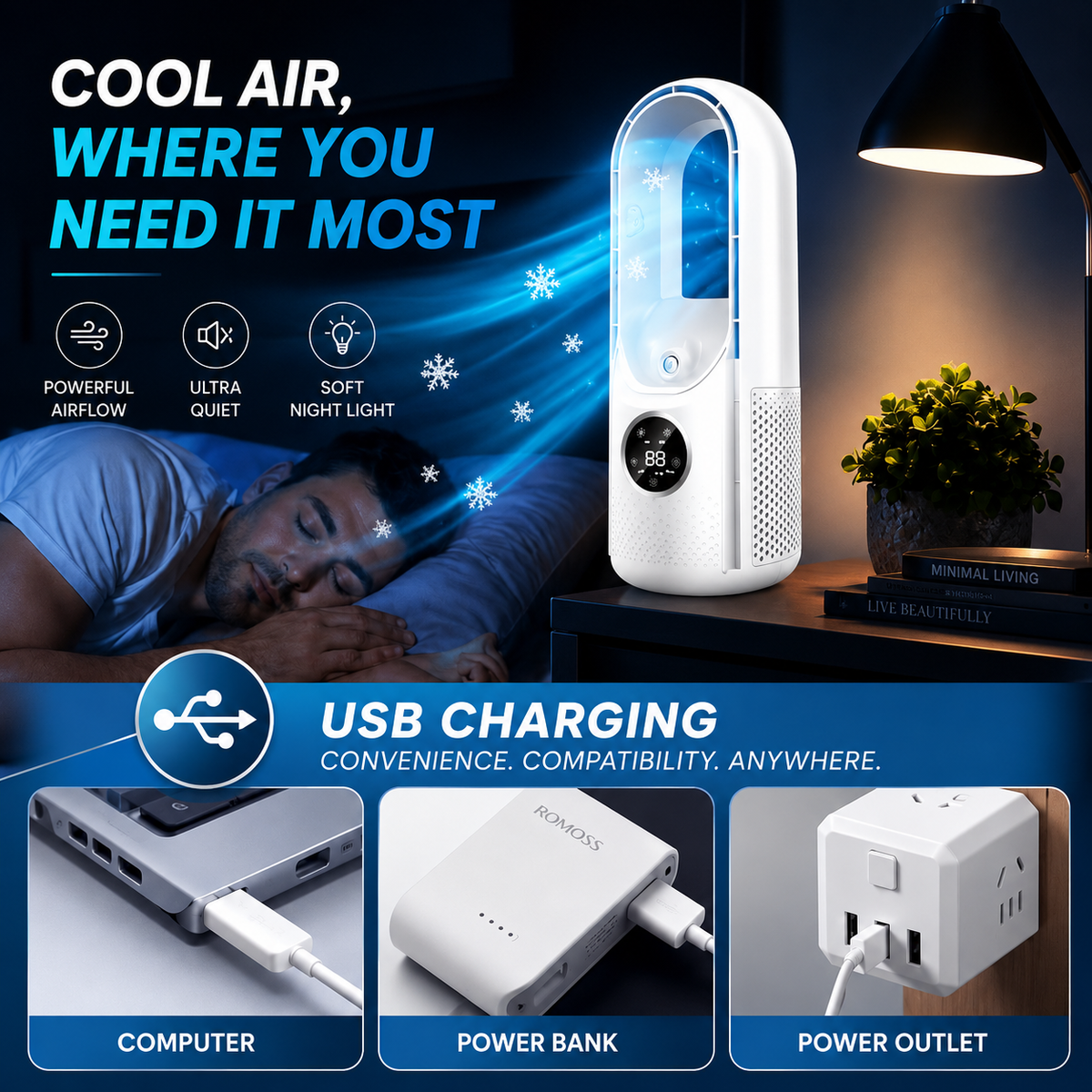 Portable Bladeless Desk Tower Fan with Adjustable Airflow