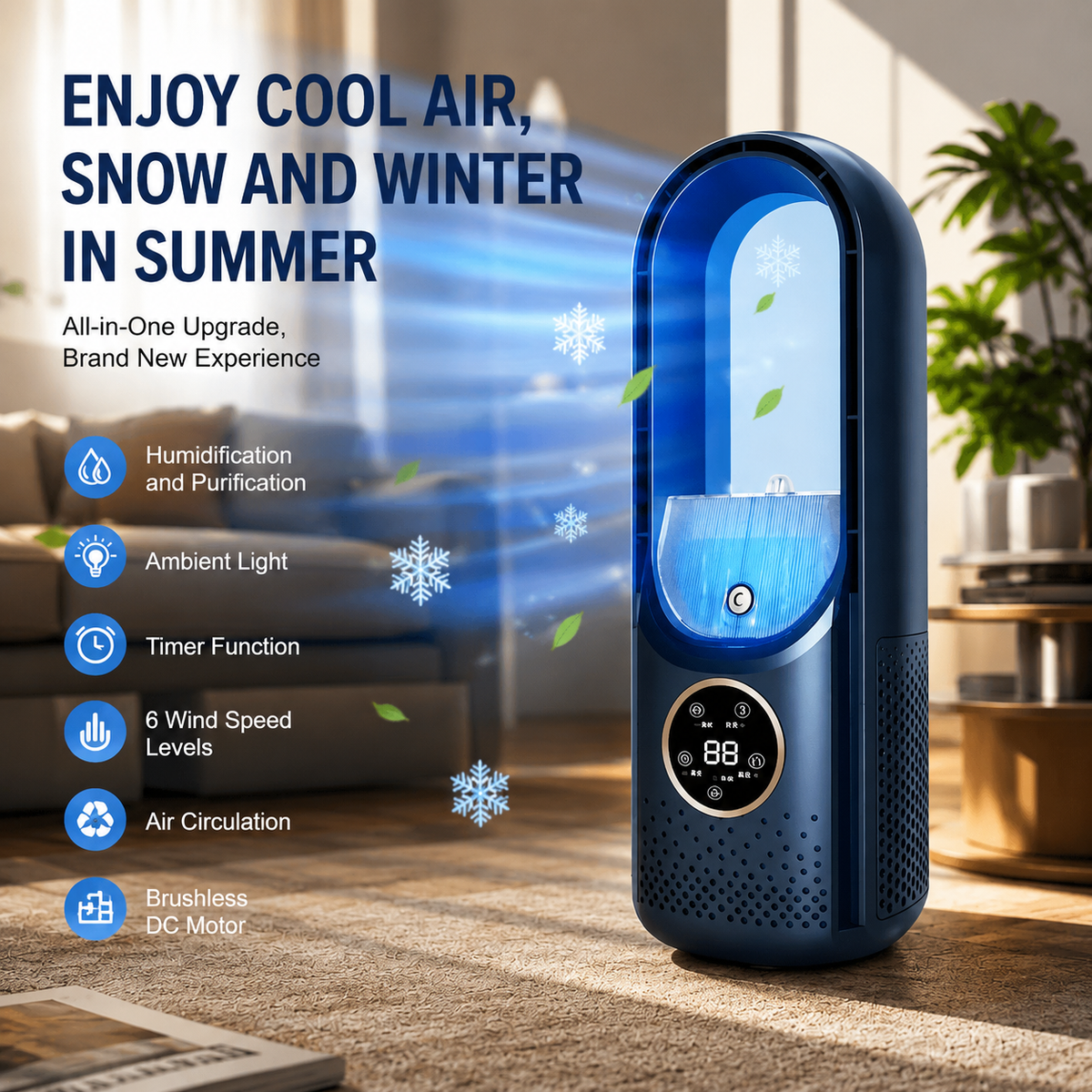 Portable Bladeless Desk Tower Fan with Adjustable Airflow