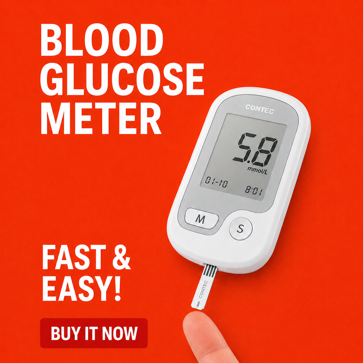 Blood Glucose Monitor Non-Painful Fingertip Portable Digital Display