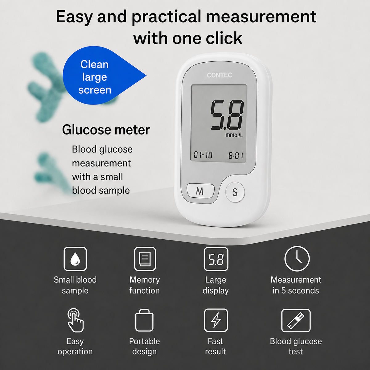 Blood Glucose Monitor Non-Painful Fingertip Portable Digital Display