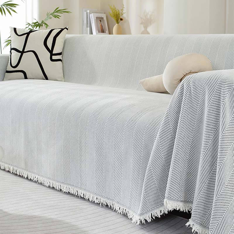 Herringbone Sofa Cover with Tassels Decorative Furniture Protector