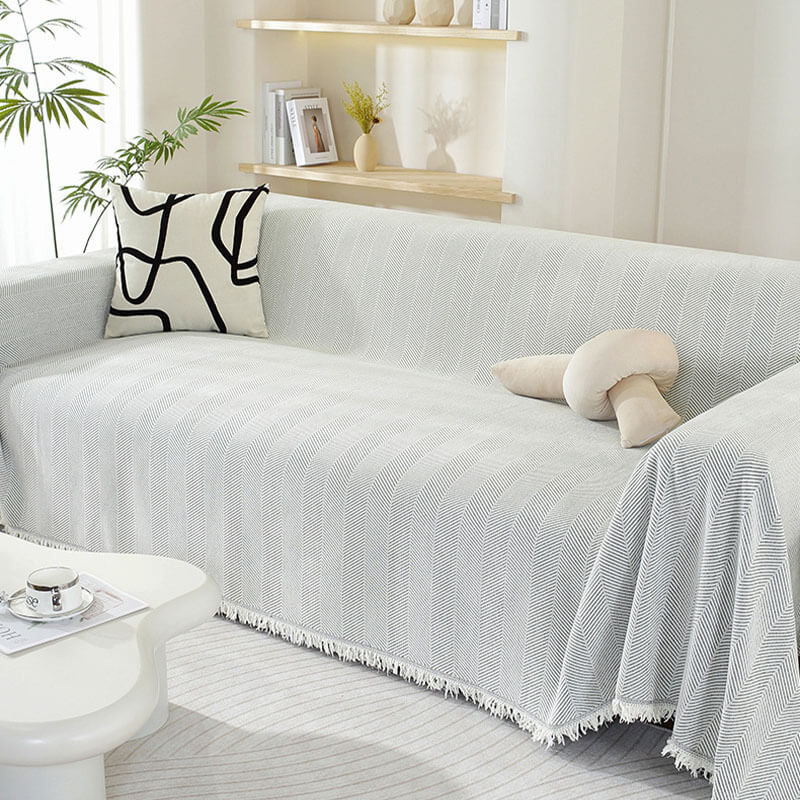 Herringbone Sofa Cover with Tassels Decorative Furniture Protector