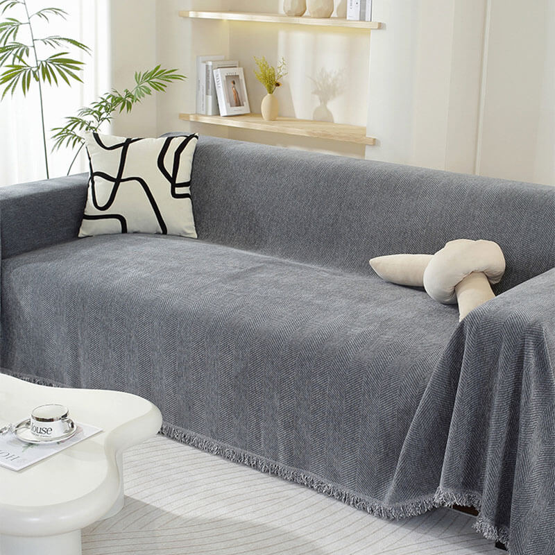 Herringbone Sofa Cover with Tassels Decorative Furniture Protector