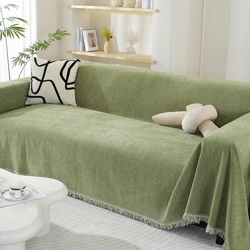 Herringbone Sofa Cover with Tassels Decorative Furniture Protector