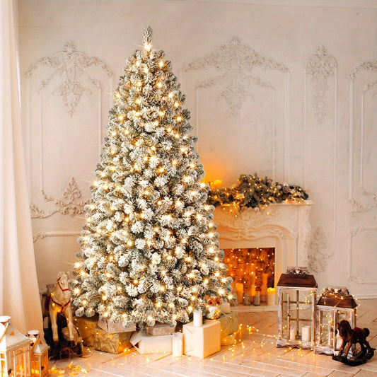 Christmas Tree Pre-Lit Artificial Snow Flocked Pine Indoor Decor