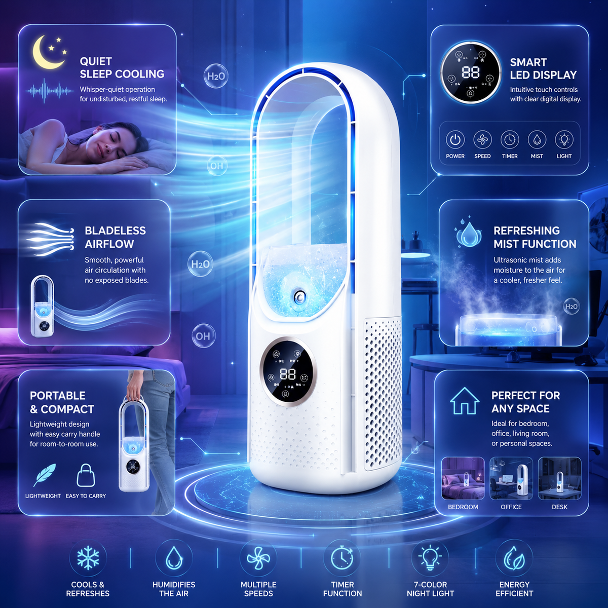 Quiet Portable Air Cooler with Bladeless Design