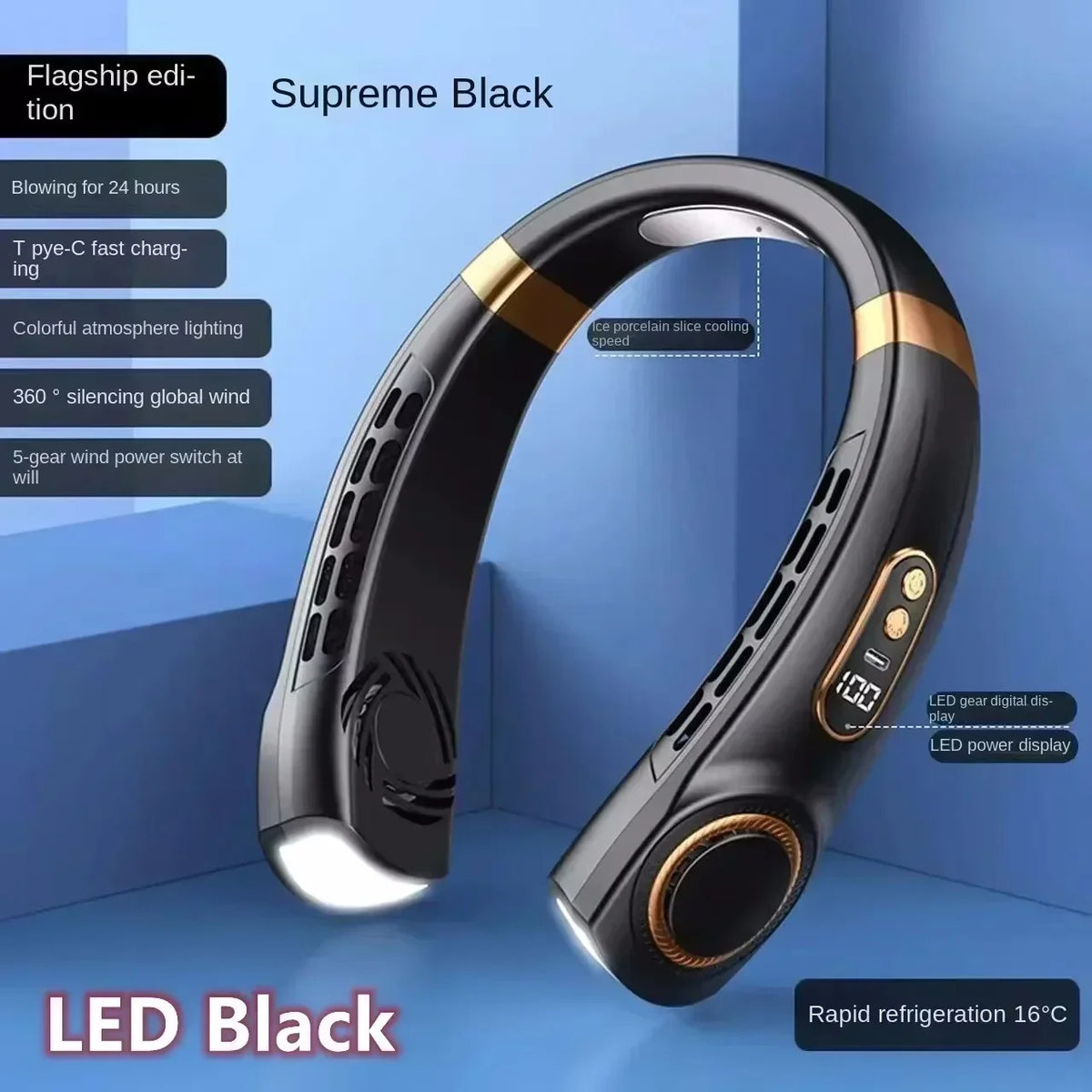 Portable USB Rechargeable Neck Fan with LED Display 8000mAh