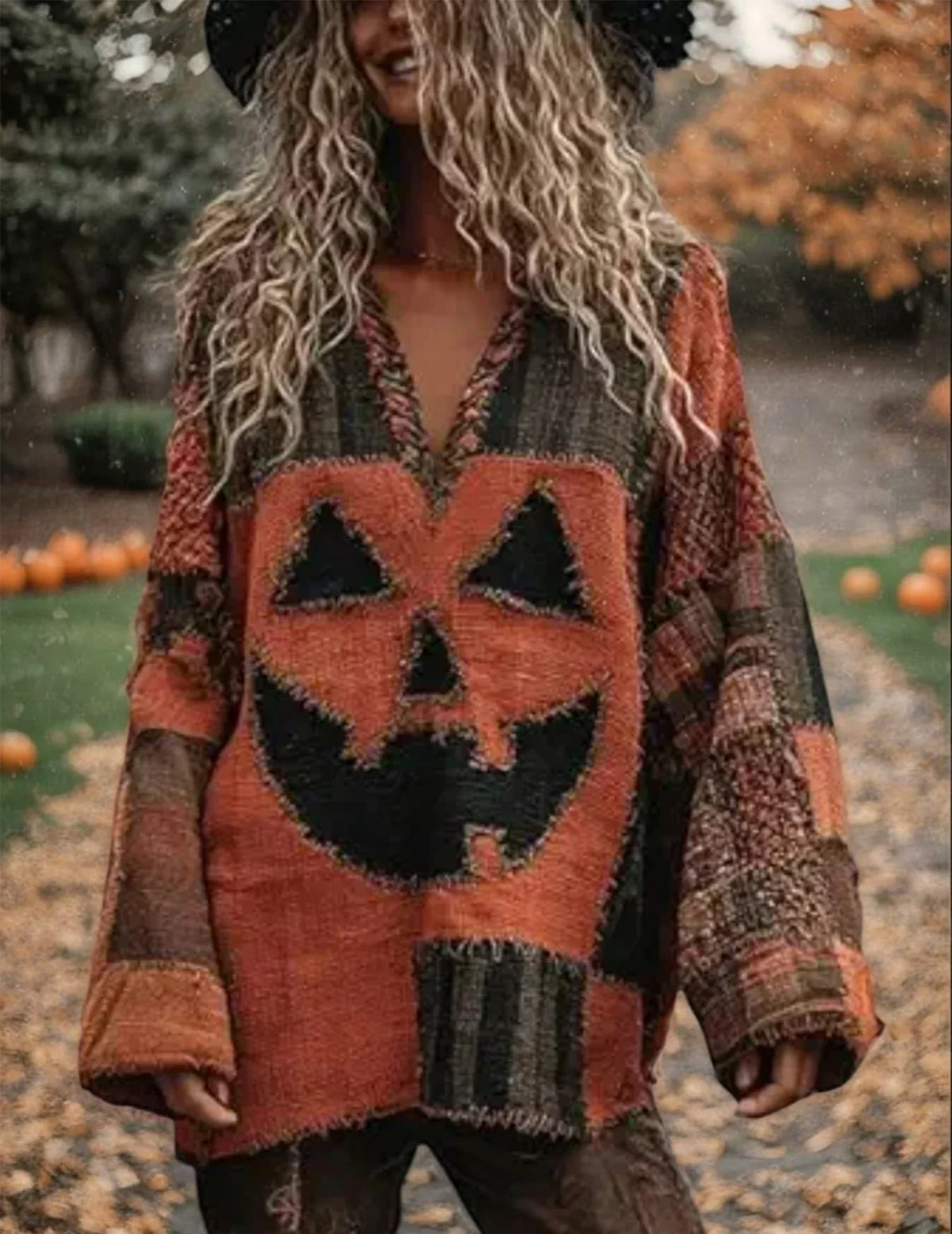 Halloween Spooky Face Hoodie – Printed Patchwork Sweatshirt with Pumpkin & Ghost Design, Warm Loose Fit Pullover for Autumn Parties