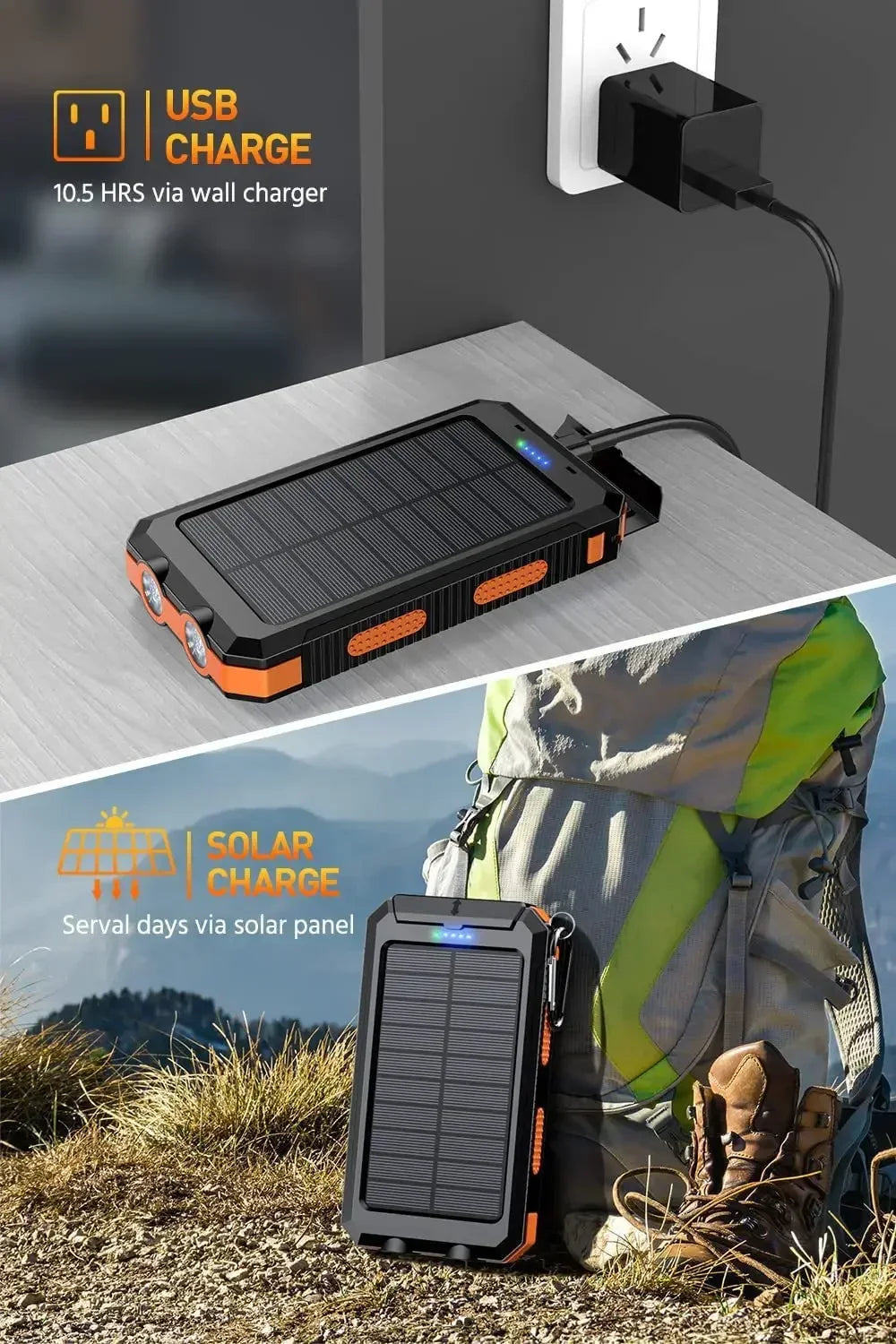 Latest 20000mAh Solar Power Bank Portable Large Capacity Charger Compatible with IOS Android USB output Fast Charging ourdoor