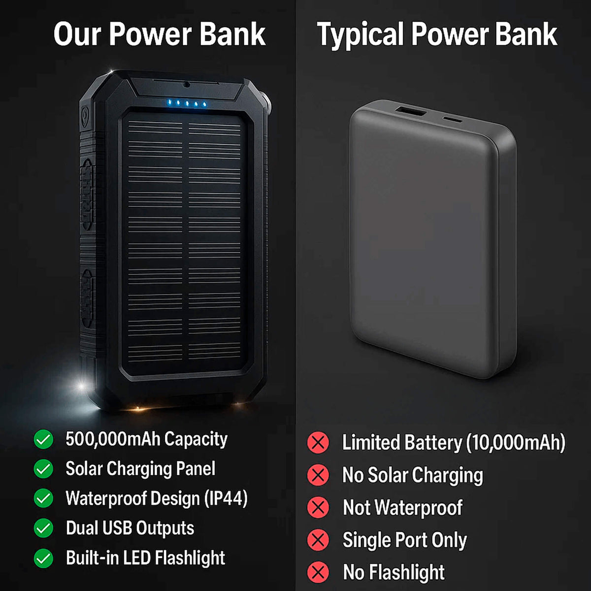 Portable Solar Power Bank High-Capacity Dual USB Charger 20000mAh