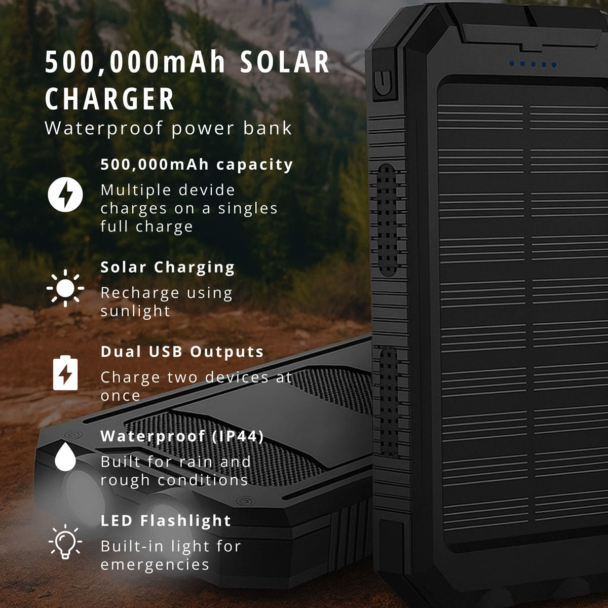 Portable Solar Power Bank High-Capacity Dual USB Charger 20000mAh