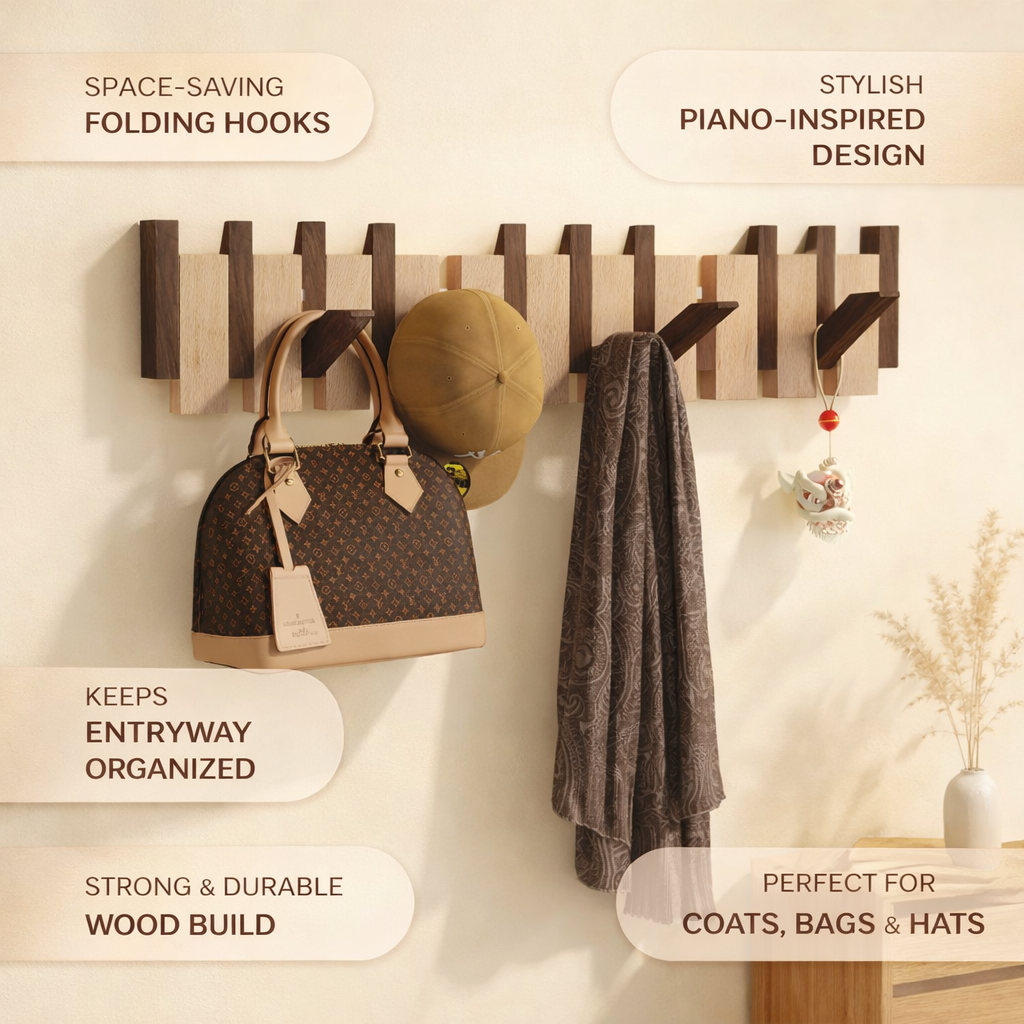 Piano Style Wall Coat Rack with Foldable Hooks